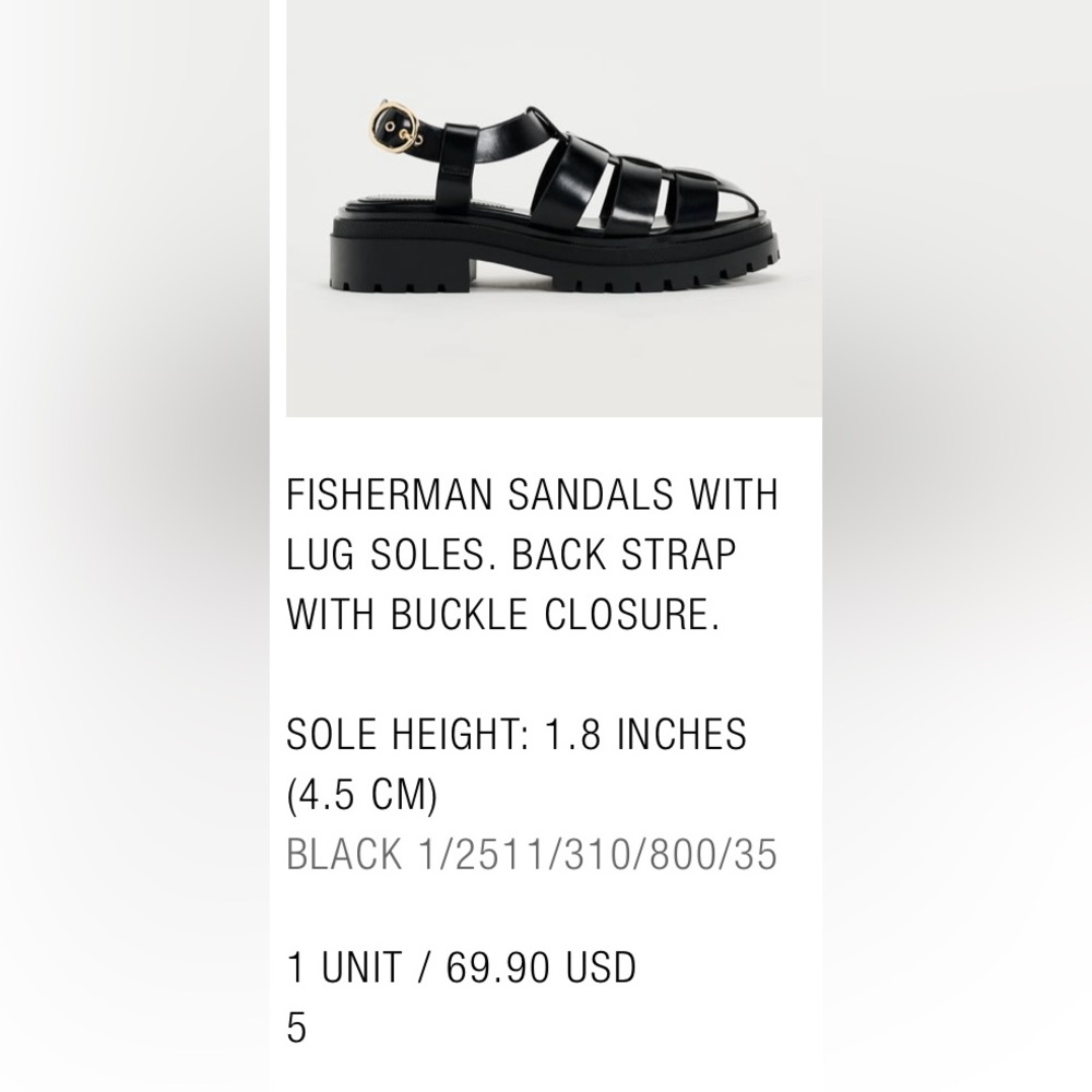 Zara Fisherman Sandal - black vegan leather with gold hardware - size 35